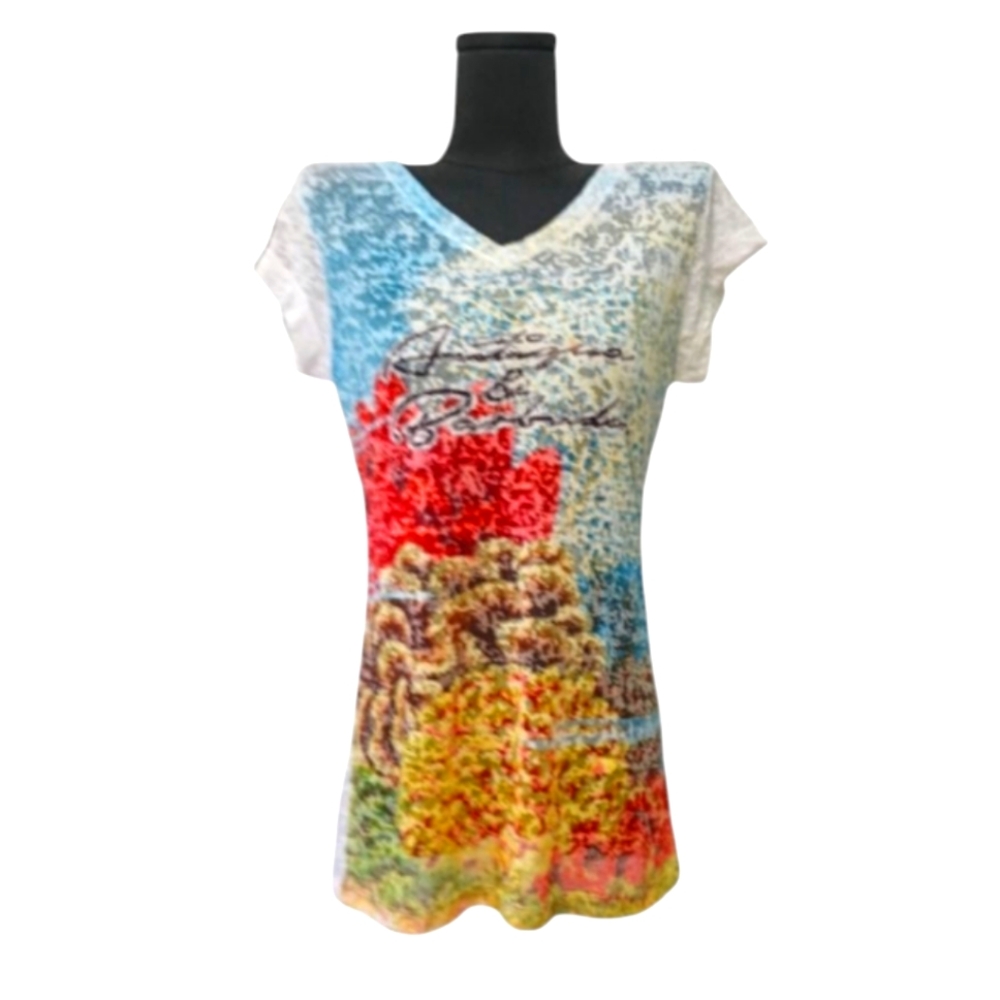 Morpho Antigua & Barbados Sheer White Colorful Printed V-Neck Fitted T-Shirt